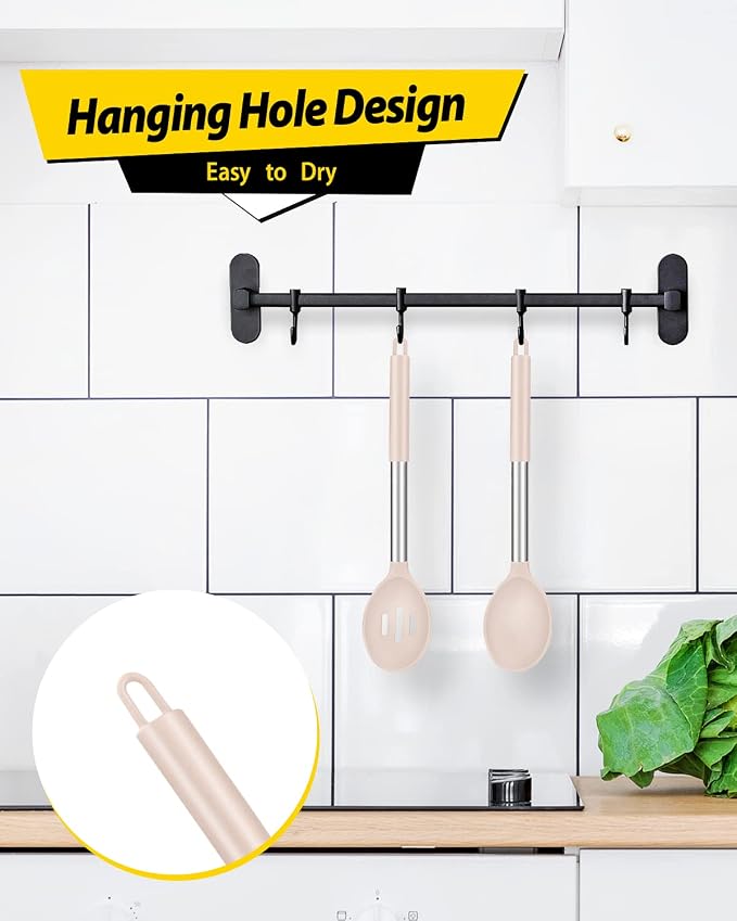 BUNDLEPRO Silicone Cooking Spoons for Non Stick Cookware, 2 Pack, KHAKI | Heat Resistant, Large Kitchen Spoons for Mixing, Serving, Draining, Stirring