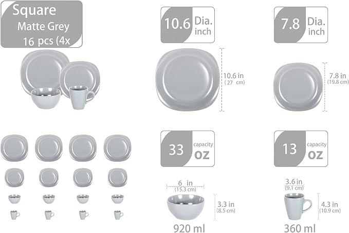 Stoneware Square 16pc Dinnerware Set, Matte Grey
