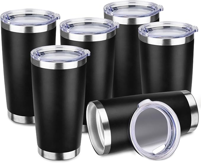 StarSpeed 6 Pack 20oz Stainless Steel Travel Coffee Tumbler,Black | Travel Coffee Mug Bulk,Spill-proof Lid,Double Wall,BPA-free Travel Cups,Insulated Cup Fits Car Cupholders