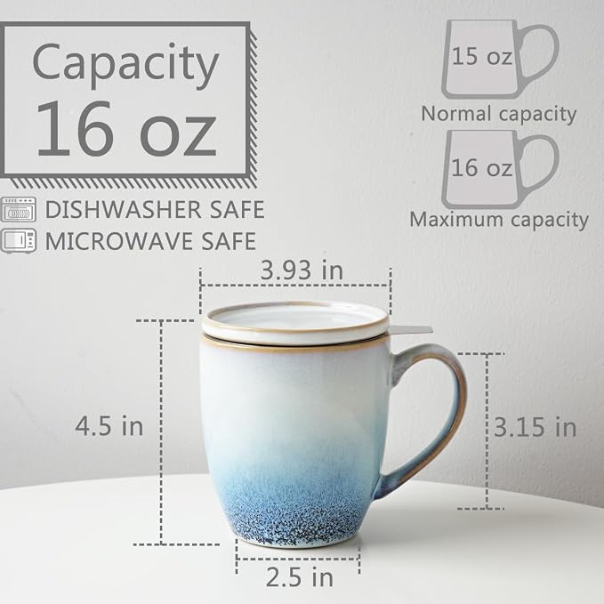 Bosmarlin Ceramic Tea Cup with Infuser and Lid, 16 Oz, 3 Colors to Choose, Dishwasher and Microwave Safe, Reactive Glaze, Steeping Tea Mug with Strainer (16 Oz, Blue)