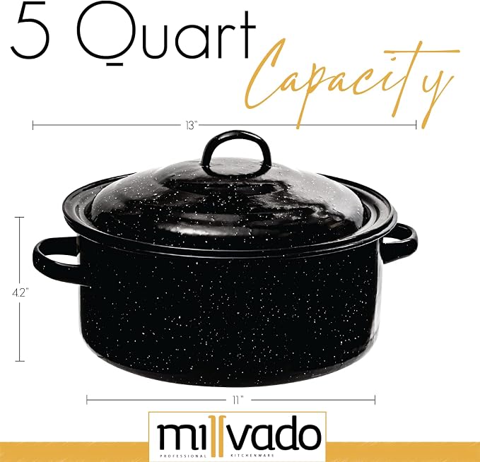 Millvado Granite 5 Qt Stockpot, Nonstick Soup Pot With Lid, Speckled Enamel Ware Cookware, Large Stock Pot For Boiling and Cooking, Big Granite Cooking Pot for Stovetop, Campfire, Outdoor Stove
