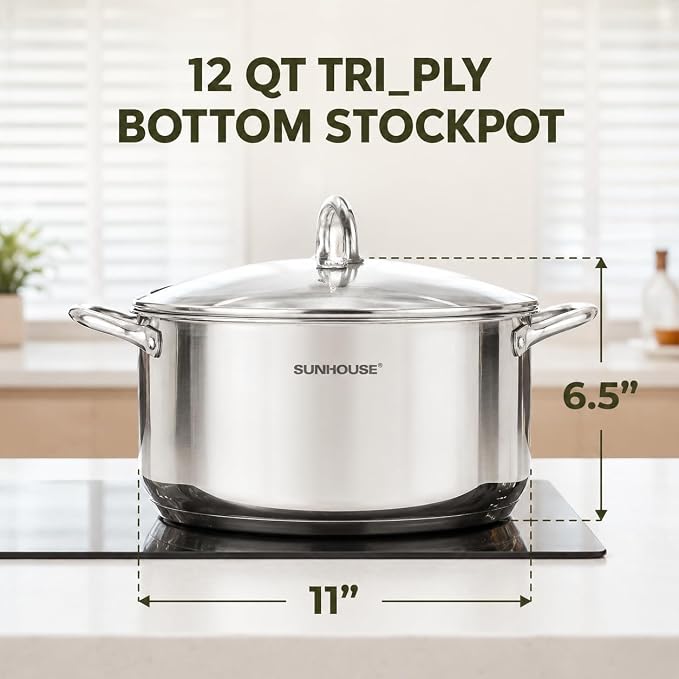SUNHOUSE 12 Quart Stock Pot with Lid, Stainless Steel Large Pot for Cooking | Big Pots for Pasta, Soup - Stockpot for Canning, Seafood Boil with Impact Bonded Base - Oven Safe & Induction Compatible