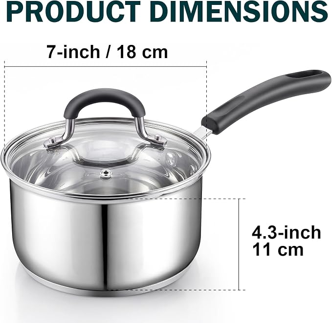 Cook N Home Professional 3 Quart Stainless Steel Saucepan with Lid, Kitchen Induction Cooking Sauce Pot Pan, Stay-Cool Silicone Handle, Dishwasher Safe