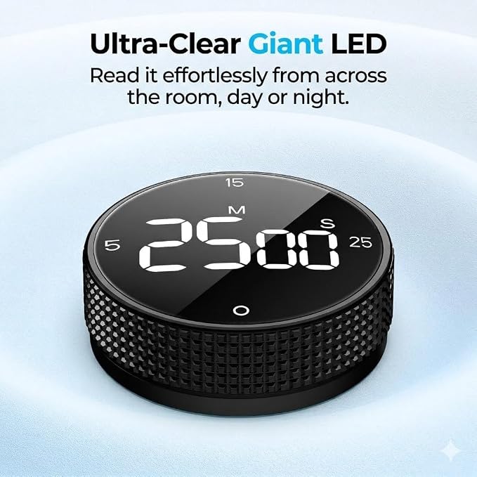 Digital Magnetic Kitchen Timer for Cooking, Large LED Countdown Timer, Rotating Pomodoro Timer, Volume Adjustable, 5/15/25 Min Presets for Kitchen Classroom Grilling Studying