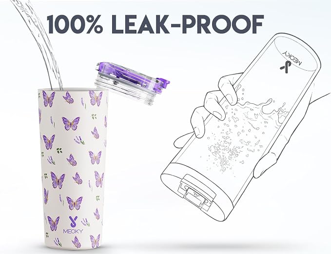 Meoky 24 oz Insulated Travel Coffee Mug: Leak Proof Lid, Butterfly | Stainless Steel Coffee Tumbler, Keeps Hot for 8 Hours or Cold for 24 Hours, Fits in Car Cup Holder, BPA Free