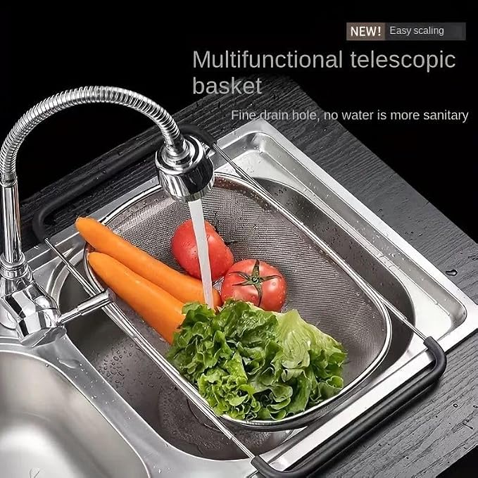 NikLye Stainless Steel Over the Sink Colander Basket with Expandable Handles, 6 Quart Fine Mesh Strainer for Pasta, Vegetables and Rice