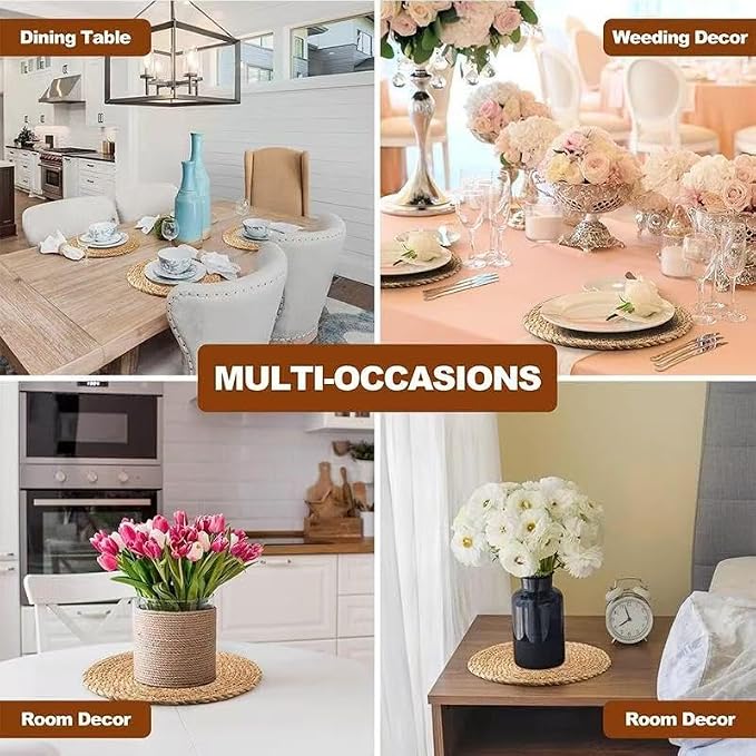6Pcs 12" Round Woven Rattan Placemats,Natural Hand-Woven Water Hyacinth Placemats,Farmhouse Weave Place Mats,Rustic Braided Wicker Table Mats (12inch Set of 6)