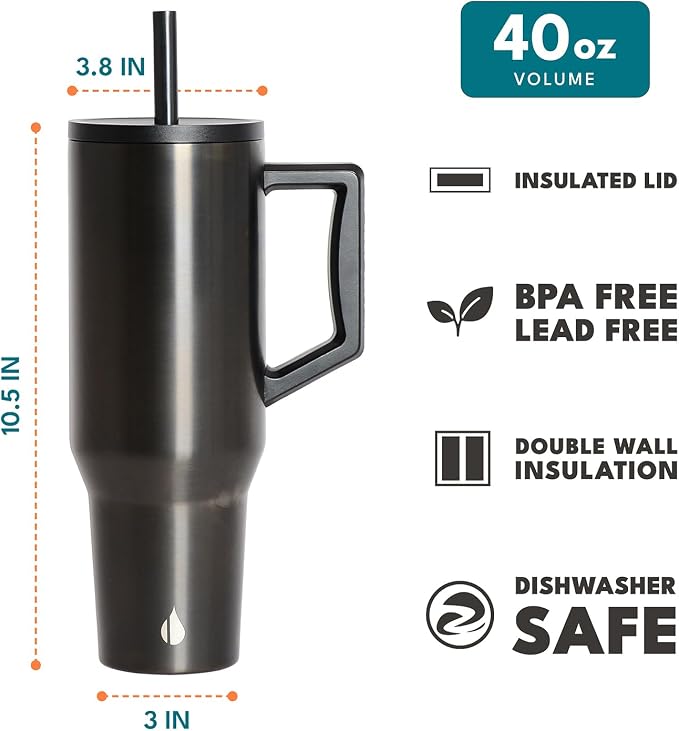 Elemental Spill Proof 40oz Insulated Tumbler with Handle & Straw Travel Mug | Stainless Steel Commuter Travel Coffee Mug for Cold Beverages, Includes 2 Straws & a Spill Proof Lid for Everyday Use