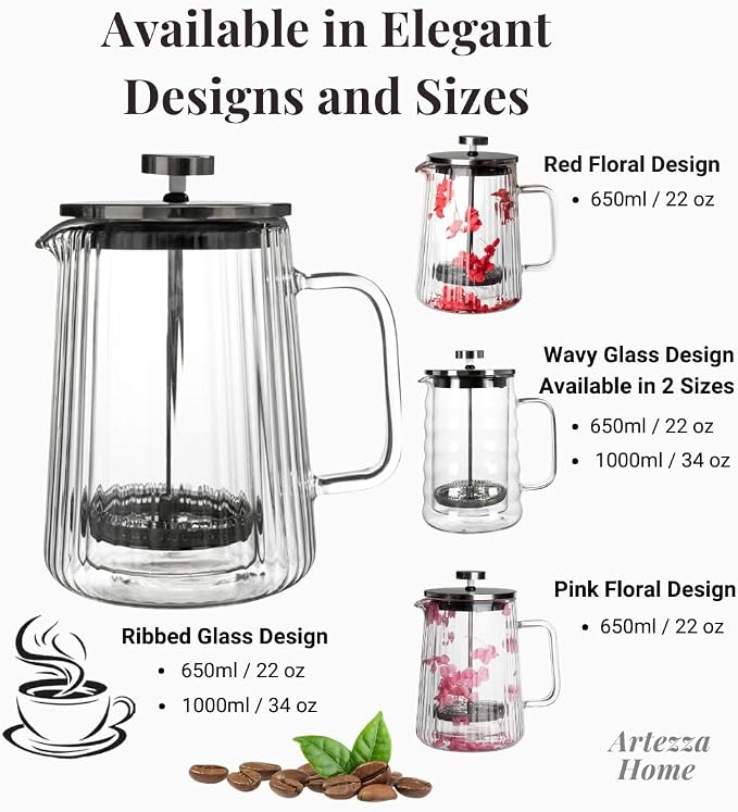 Glass French Press Coffee Maker, Heat Resistant Borosilicate Glass (34oz Ribbed)