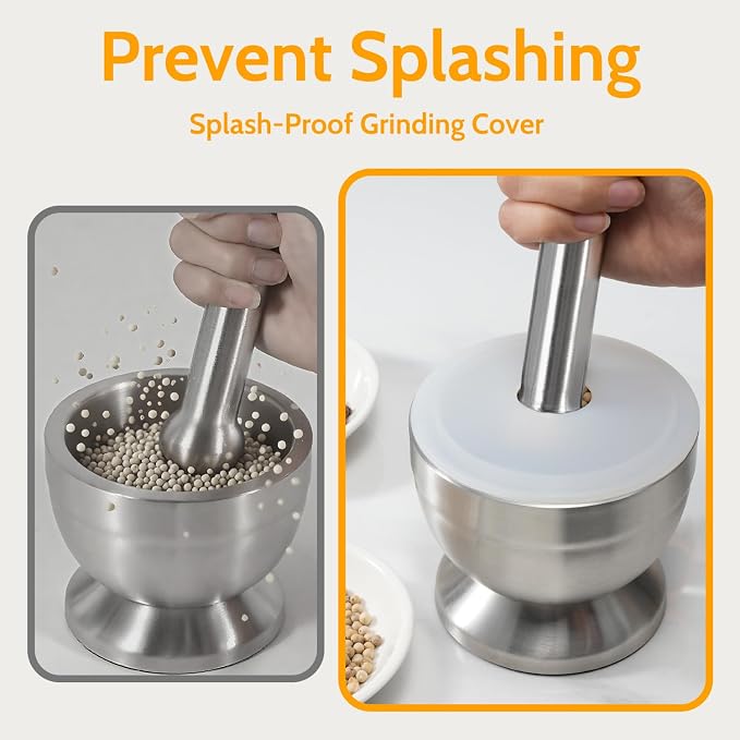 Mortar and Pestle Set, Stainless Steel with Anti Slip Base and Detail Brush | 3.9-Inch pill crusher, Durable and Shatter-Resistant, Use for Crushing Herb, Spices, Pills, Nuts, Bread, Biscuits, Compounds