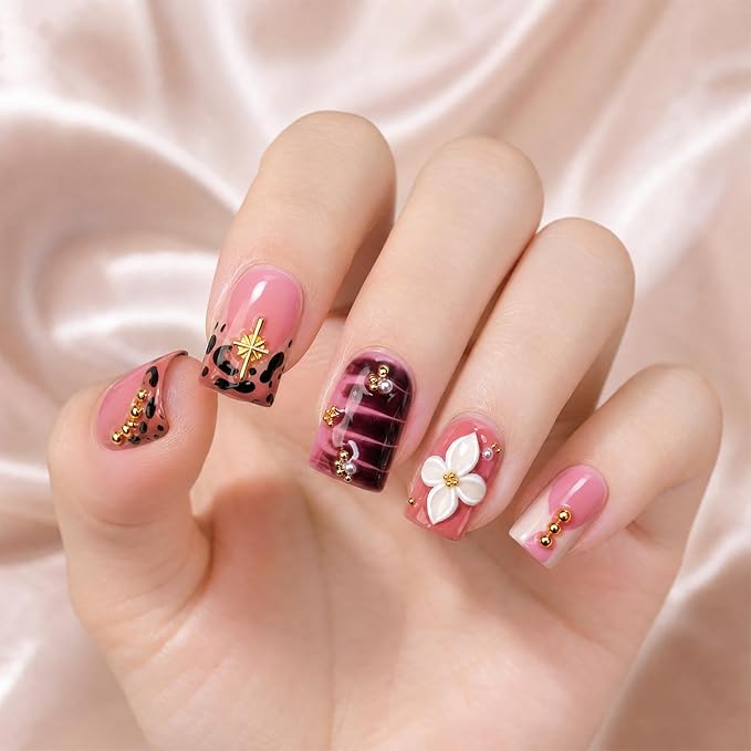 Short Square Press on Nails Handmade 3D White Flower Fake Nails Designs for Luxury Homemade Press on Nail Art Leopard Print French Tip False Nails Thicked Acrylic Nail for Women (M）