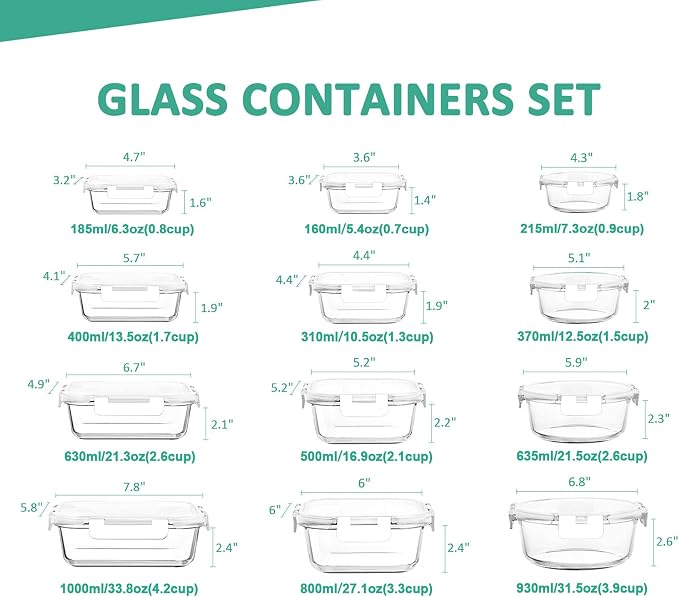 24 Pieces Glass Food Storage Containers Set, Meal Prep Containers, BPA-Free Airtight Glass Storage Containers with lids,Freezer, Microwave and Oven Safe,White