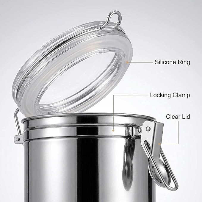 QWORK 4 Pack Stainless Steel Kitchen Storage Canister, Airtight Flour Clamp Canister, 26oz, 36oz, 47oz, 62oz