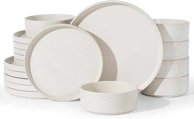 Famiware Nebula 18-Piece Dinnerware Set, Matte Beige White | Stoneware Plates and Bowls, Handmade Reactive Glaze, Microwave & Dishwasher Safe, Chip & Scratch Resistant