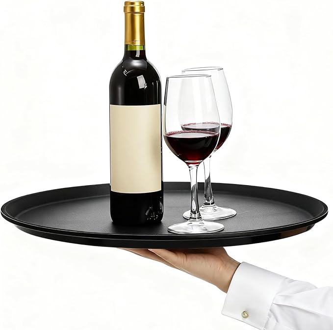 TOPZEA 3 Pack Large Restaurant Serving Tray, 18 Inch Plastic Black Round Server Tray, Non-Slip Rubber Lined Bar Drink Trays Cafeteria Buffet Food Service Trays for Coffee Table, Kitchen, Party