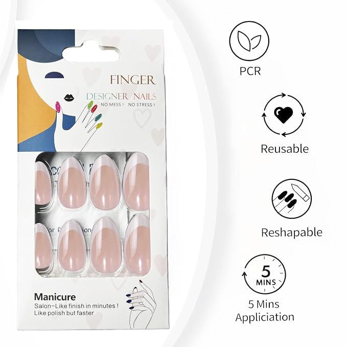 French Tip Press On Nails,White Short Almond Reusable Stick On Nails | French Tip UV Finish Short Almond Fake Nails, Salon Quality Semi-Transparent Nails in 12 Sizes - 24 Nail Kit with Glue