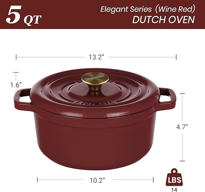 Overmont Enameled Cast Iron Dutch Oven - 5QT Pot with Lid Recipe Potholders | Pre-Seasoned Dutch Oven with Moisture-Sealing Lid, Oven Safe to 500°F, Heavy-Duty Cookware for Braising Stews Roasting Baking