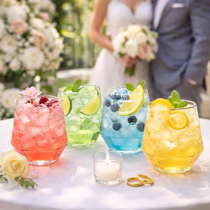 Oojami 40 Pack Diamond Disposable Wine Glasses 12 oz Plastic Clear | Shatterproof BPA-Free Reusable Recyclable, Stemless Cocktail Champagne Whiskey Cups for Wedding Birthday Party Bar Home