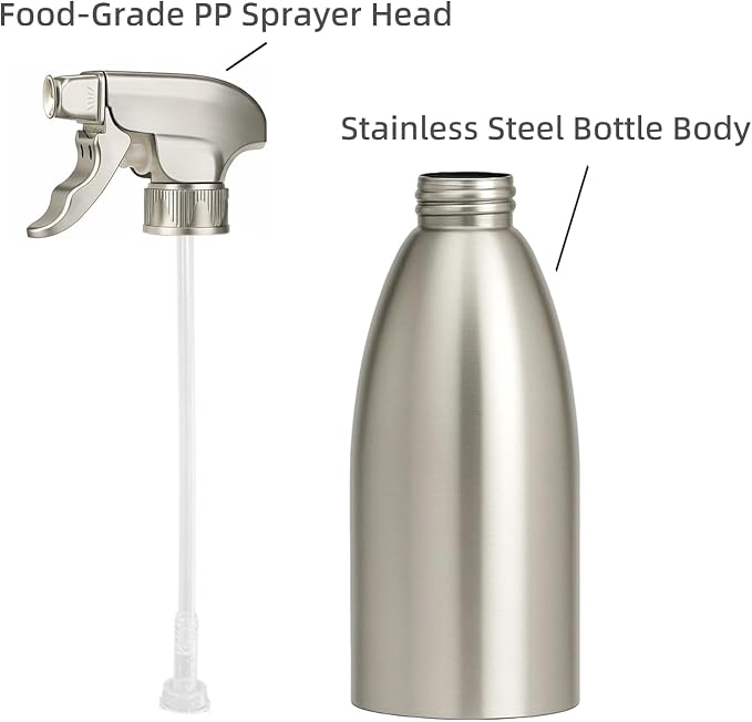 Oil Sprayer for Cooking, 17oz Stainless Steel Olive Oil Mister with Fine Mist Trigger, 500ml Large-Capacity Refillable Dispenser for Air Fryer, BBQ and Salad (Mirror Stainless Steel)