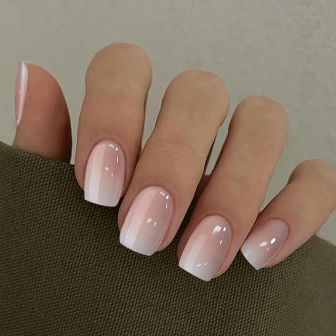 CurvLife Short Square Press On Nails, Nude Ombre Gradient Pink, Soft Gel | 32PCS, 16 Sizes, Salon-Quality Natural Fake Nails, Curved Fit, 7-14 Day Glue-On Wear, Reusable Stick-On Nails, Press-On Kit
