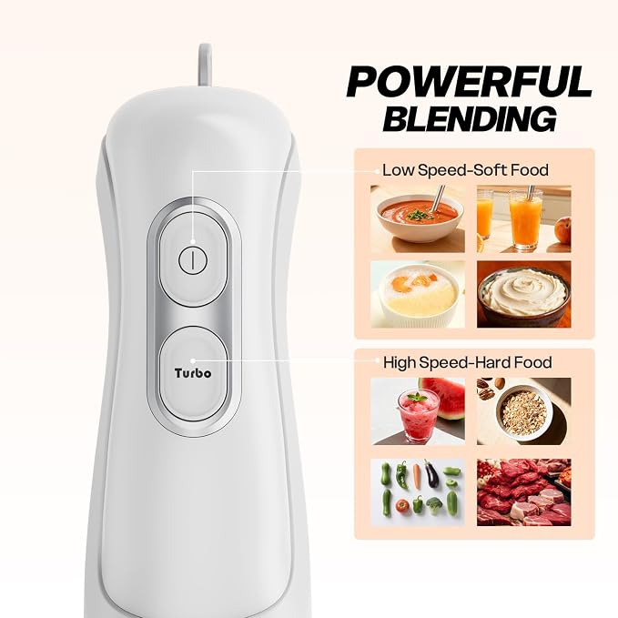 Turelar Immersion Blender Corded 400W, 2 Speed, Emulsifier, Blend | Hand Blender Stick Mixer, Ergonomic Handle, Stainless Steel Blades, Effortless Blending for Soup, Smoothies, Puree, Baby Food