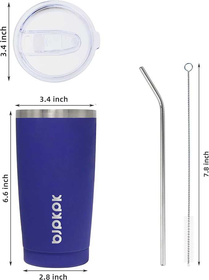 BJPKPK 20 oz Coffee Tumbler with Lid, Straw, Insulated Stainless Steel Mug | Double Wall Vacuum, Keeps Hot/Cold, BPA Free, Leak Proof, Iced Coffee Cup Fit Car Holder, Travel & Beach Ready, Blue