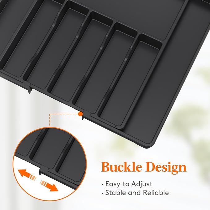Lifewit Silverware Drawer Organizer, Expandable Utensil Tray for Kitchen, BPA Free Flatware and Cutlery Holder, Adjustable Plastic Storage for Spoons Forks Knives, 15- 27 x 18.5", Black