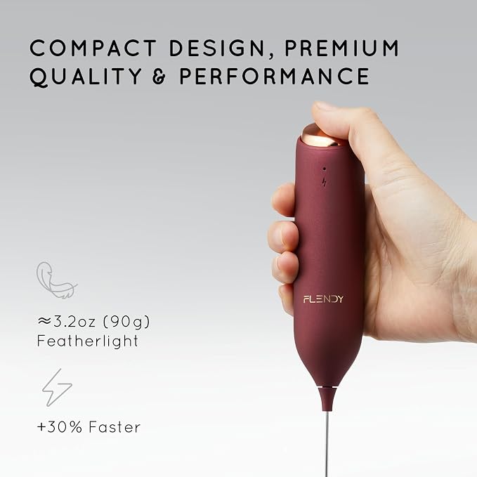 Flendy Rechargeable Milk Frother Handheld with Charging Stand | USB-C Charging Dock, 2 Detachable Double Whisk, Extra Long Mixer Wand, Wall Mount, Top Button, Compact Electric Stirrer