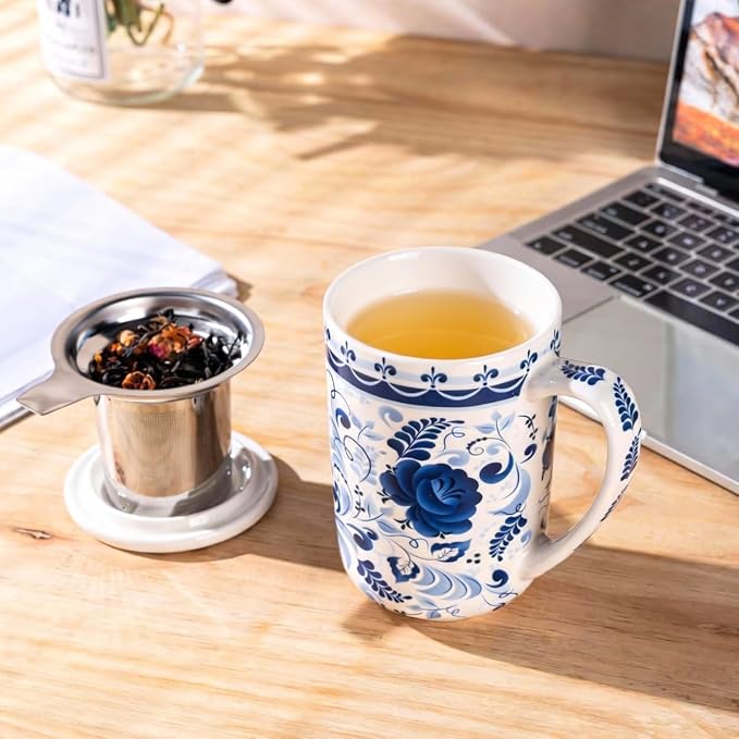 GBhome Tea Mug with Infuser and Lid,18 Ounce Ceramic Loose Leaf Cup Steeper | Lead-Free Glaze For Tea Lovers,Microwave & Dishwasher Safe with Tea Strainer