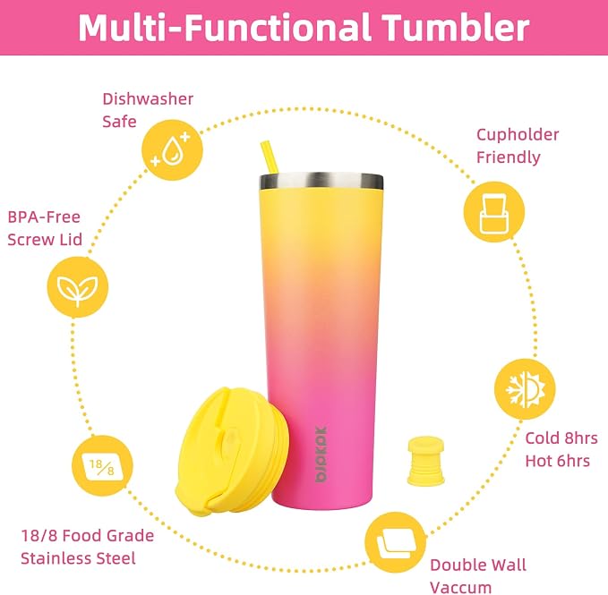 BJPKPK 30 oz Coffee Tumbler with Straw, Insulated Stainless Steel Cup | Double Wall Vacuum, Leak Proof Lid, Keeps Hot/Cold/Iced, BPA Free, Dishwasher Safe, Travel & Outdoor, Pink Yellow Rose