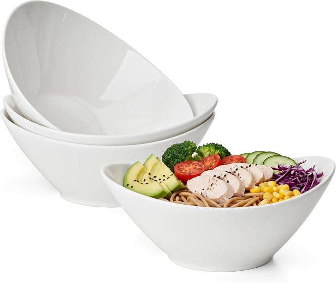 Teocera 7 Inch Salad Bowls Set of 4, 28 oz Large Bowls– Microwave & Dishwasher Safe, for Pasta, Snacks, White