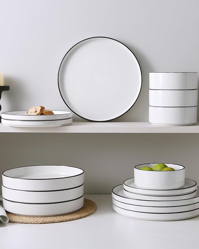 Famiware Nebula 18-Piece Dinnerware Set, White with Black Rim | Stoneware Dish Set for 6, Plates and Bowls, Microwave and Dishwasher Safe, Chip and Scratch Resistant