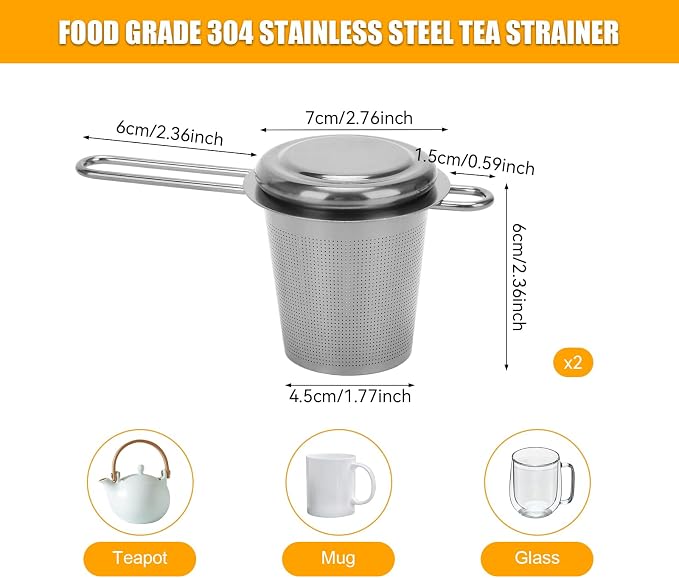 2pcs Tea Infuser, Stainless Steel Tea Strainer Fine Mesh Tea Diffuser with Double Long Handles Loose Leaf Tea Steeper for Mugs Cups Teapots (Silver)