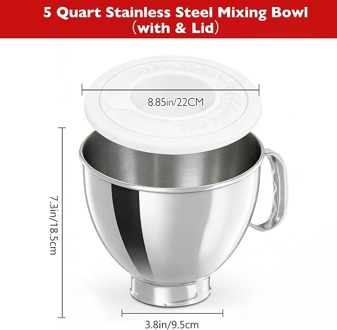 5QT Stainless Bowl with Lid Compatible with KitchenAid Tilt-Head Mixers | 304 Stainless replacement Bowl with Splash-Proof Lid. Ldeal for Dough Proofing, Baking Preps, and Seamless KitchenAid fit