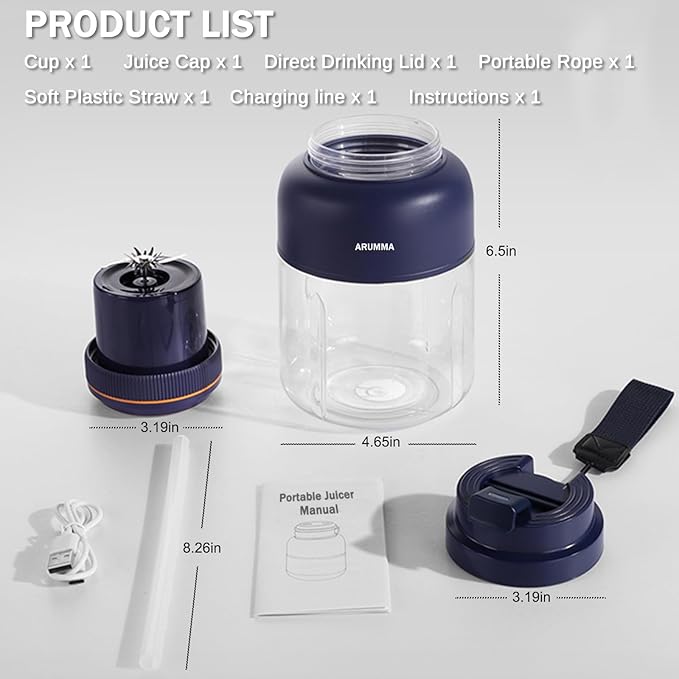 Portable Juice Cup Blender for Smoothies Shakes Fruit Crush Baby Food Maker 43oz 1300ML USB Charging Cordless Powerful Blades Blending Portable Smoothie Blender for Small Ice Kitchen Outdoor