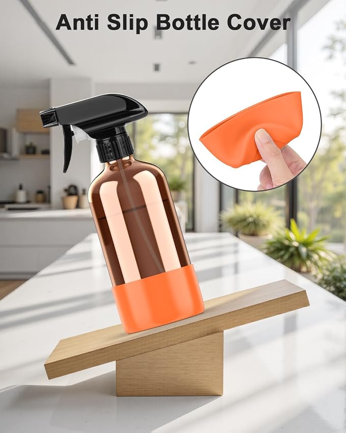Bontip Amber Glass Spray Bottle, 16 oz, 1 Pack (Black & Brown & Orange) | Refillable amber glass bottle, With protective silicone sleeve, BPA-free, UV shielding, Great for cleaning solutions,plants