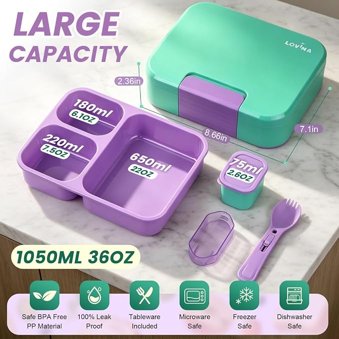 LOVINA Bento Lunch Box Set For Kids Adult With Thermo Bag, BPA-Free | 36OZ Leak-Proof Lunch Box Kids Kit, All-in-One Kit with DIY Stickers Sauce Cup for Work, School, Dining Out(Aqua Green)