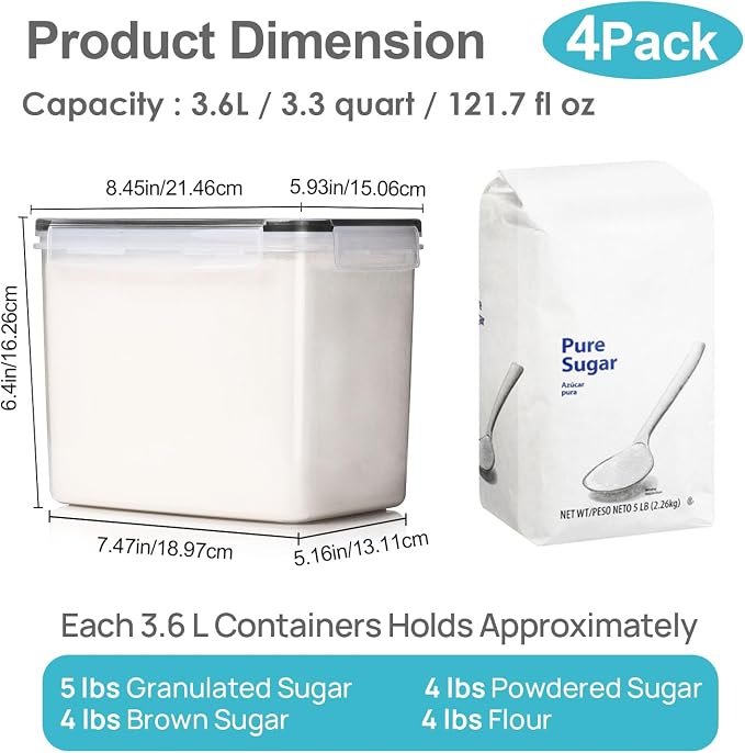 Vtopmart 3.6L Food Storage Containers, 4 PCS, Black | Airtight Seal, BPA Free, Food Grade Material, Dishwasher Safe (Not Lids), 4 Measuring Cups, 24 Labels