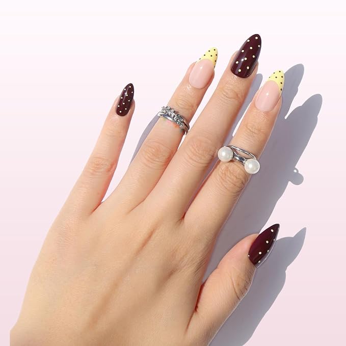 Nail Reformation Press On Nails, Polka Dot French Tip Medium Almond 30 Pcs | 15 Sizes Fake Nails in Chocolate Cream Nude with Glossy Finish, Reusable Stick On False Nail Kit, Manicure Gifts for Women