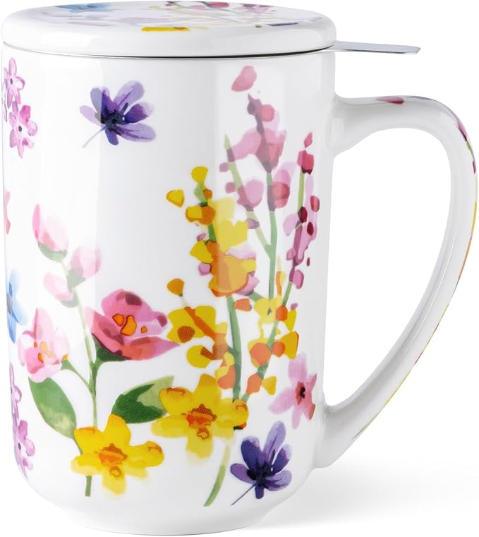 GBhome Tea Mug with Infuser and Lid,18 Ounce Ceramic Loose Leaf Cup Steeper | Lead-Free Glaze For Tea Lovers,Microwave & Dishwasher Safe with Tea Strainer