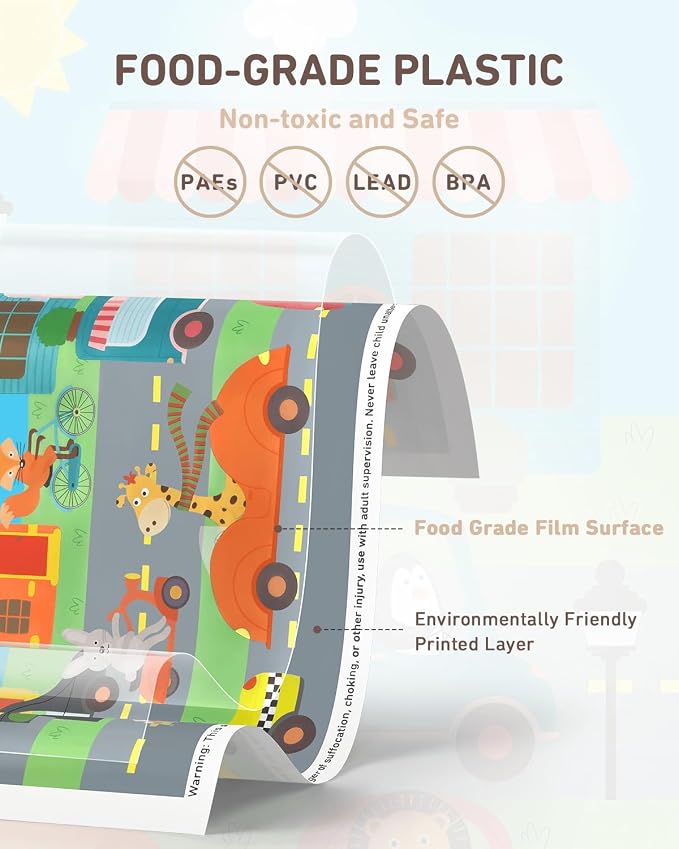 Babebay Disposable Stick-on Placemats 40 Pack for Baby & Kids & Toddler, Sticky Placemats Restaurant Table Mats 12" x 18" (Animals Driving Cars)