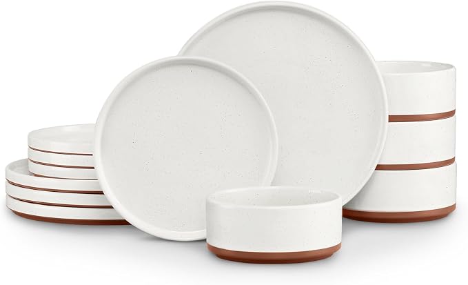 LIANYU Plates and Bowls Sets, 12 Pieces Stoneware Dinnerware Set for 4 | Modern Kitchen Dinner Set Ceramic Dishware Dishes Set, Microwave and Dishwasher Safe, Cloud White
