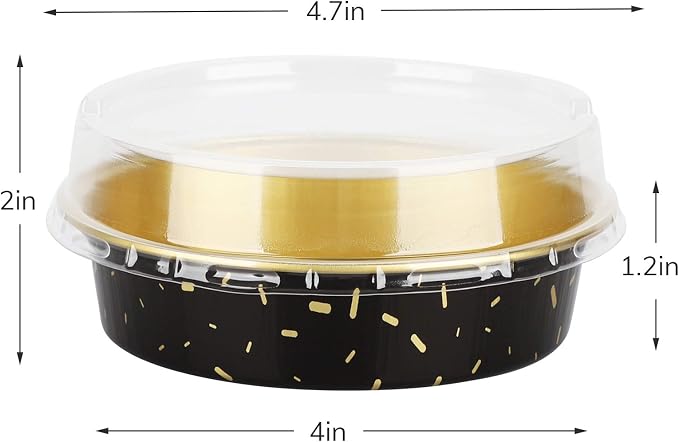 Beasea Mini Aluminum Pie Pans, 4 Inch 50 Pack Mini Pie Tins with Lids, 8 Oz Aluminum Foil Disposable Black Gold Cartoon Tart Pans Round Oven Baking Small Cake Tin for Cheesecake Quiche