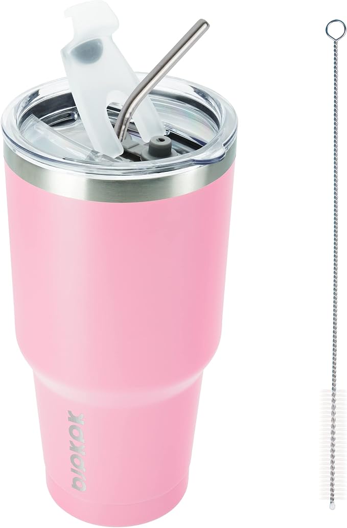 BJPKPK 30 oz Tumbler with Lid and Straw, Insulated Stainless Steel Cup | Double Wall Vacuum, BPA Free, Leak Proof, Keeps Hot/Cold, Travel & Beach Ready, Car Holder Fit, Light Pink
