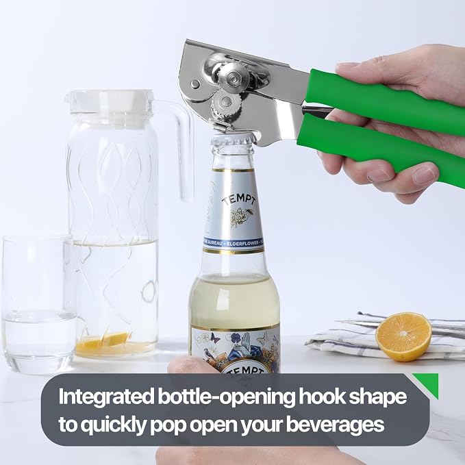 UHIYEE Commercial Can Opener Heavy Duty, Hand Crank for Large Cans, Green | Manual Can Opener, High-Carbon Blade, Extra-Long Handle, Oversize Knob, Built-in Magnet & Bottle Opener, For #10 Cans
