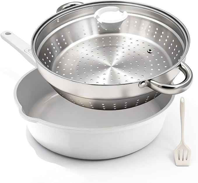 AIKENBBKK 12 Inch Ceramic Frying Pan Skillet with Steamer, Nonstick Saute Pan with Lid, Steamer Pan for Cooking, Induction Compatible, Detachable Handle, Oven Safe, PFAS PFOA & PTFE Free, White