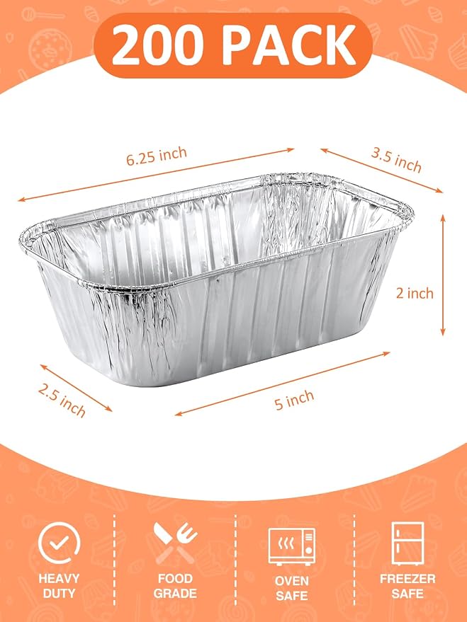 NEEBAKE 200 Pack 6x3.5x2 Disposable Aluminum Loaf Pans - 1 Lb Mini Loaf Pans, Small Aluminum Tin Foil Baking Pan, Food Containers for Baking, Cakes, Bread, Meat, Loaves