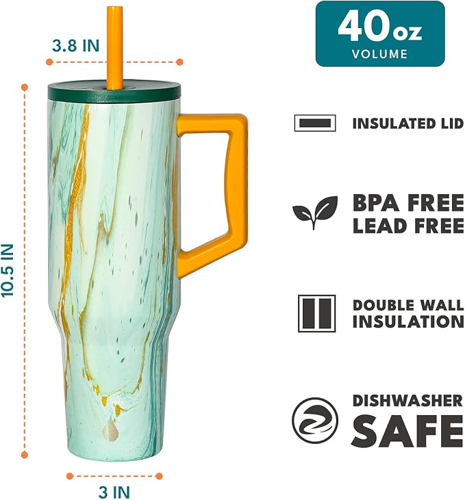 Elemental Spill Proof 40oz Insulated Tumbler with Handle & Straw Travel Mug | Stainless Steel Commuter Travel Coffee Mug for Cold Beverages, Includes 2 Straws & a Spill Proof Lid for Everyday Use