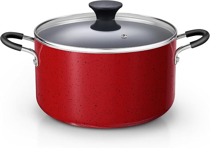 Cook N Home 6 Quart Non Stick Stock Pot with Lid, Large Pots for Cooking | Nonstick Soup Pot, Stockpot Induction Cookware - Oven & Dishwasher Safe, Marble Red