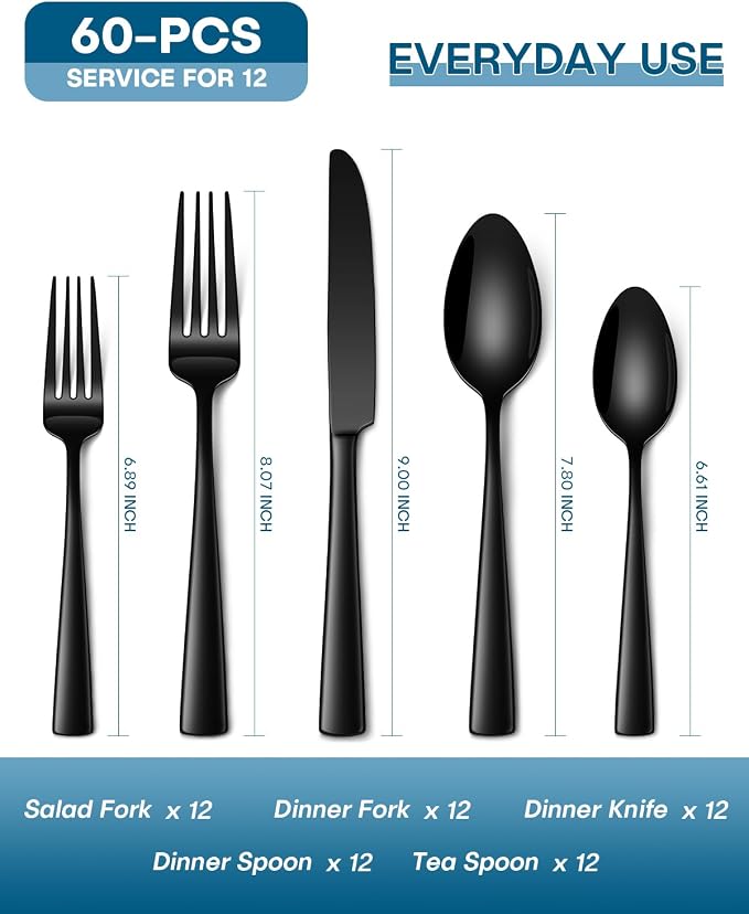Stapava 60 Pcs Black Silverware Set, Food-Grade Stainless Steel Flatware Set for 12 Mirror Polished Cutlery Utensil Sets Include Dinner Knives Spoons and Forks Set Dishwasher Safe for Home Restaurant
